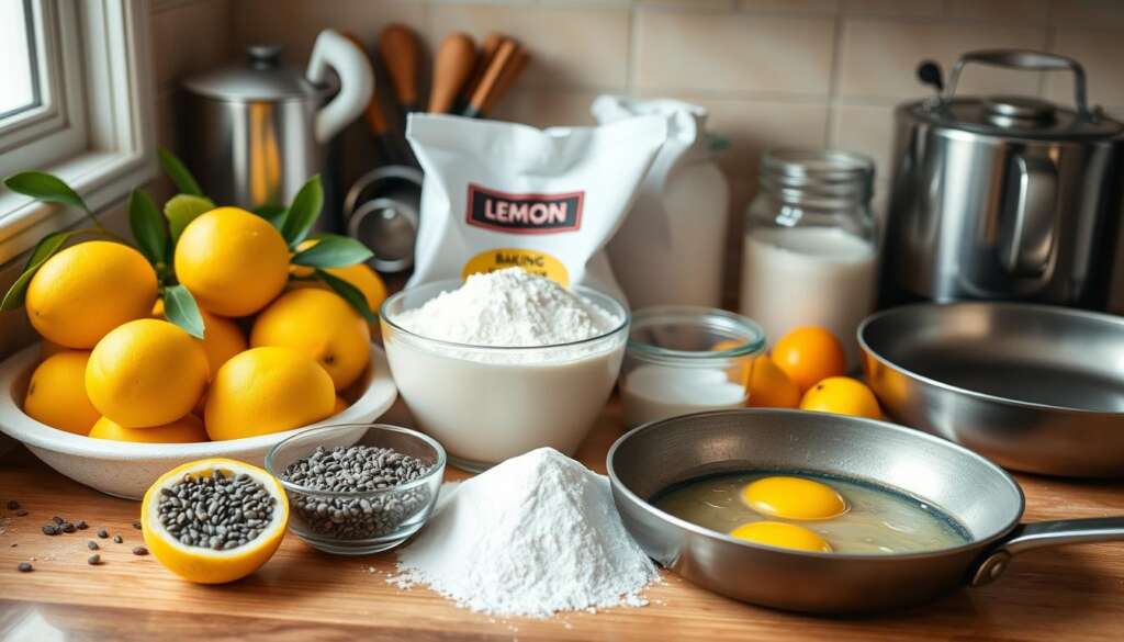 Lemon Poppy Seed Pancakes Ingredients and Tools